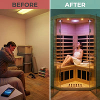 Far Infrared Corner Sauna Built for Home Wellness, 2-Person Capacity, Hemlock Wood, LCD Controls — Before & After