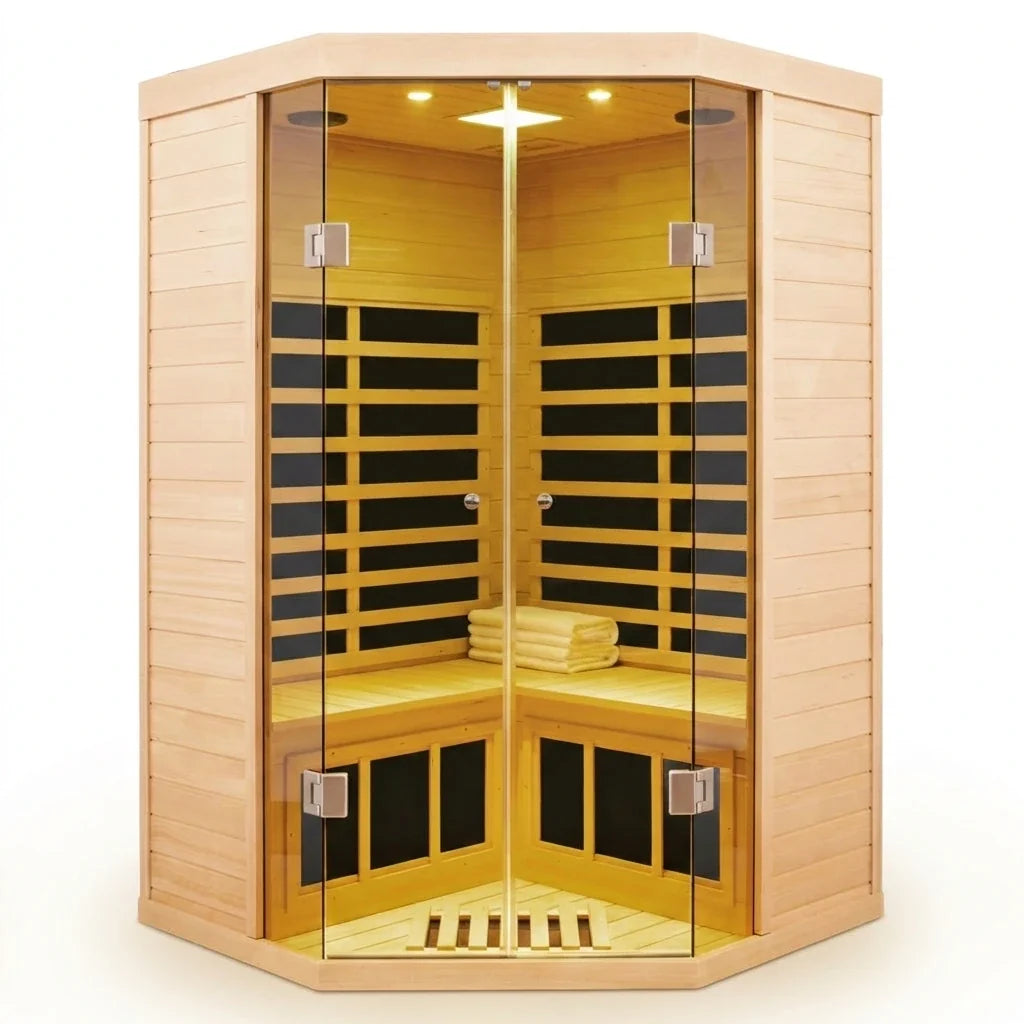 Far Infrared Corner Sauna Built for Home Wellness, 2-Person Capacity, Hemlock Wood, LCD Controls — Studio Shot