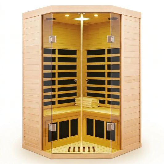 Far Infrared Corner Sauna Built for Home Wellness, 2-Person Capacity, Hemlock Wood, LCD Controls — Studio Shot