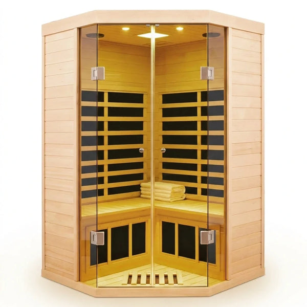 Far Infrared Corner Sauna Built for Home Wellness, 2-Person Capacity, Hemlock Wood, LCD Controls — Studio Shot