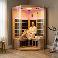 Far Infrared Corner Sauna Built for Home Wellness, 2-Person Capacity, Hemlock Wood, LCD Controls — Lifestyle