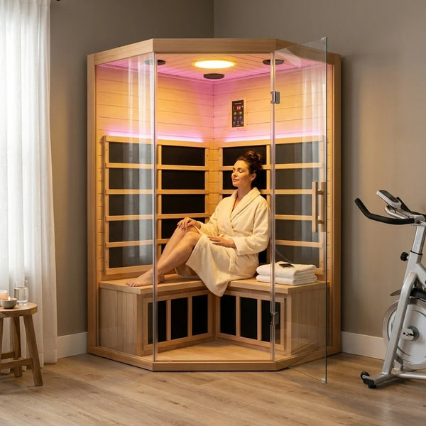 2-Person Corner Far Infrared Sauna – Hemlock, LCD Controls