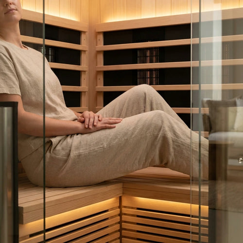 Featured feature 1: 2-Person Corner Far Infrared Sauna Room - Hemlock Wood, Deluxe Transparent Glass Front, Large Capacity Home Sauna
