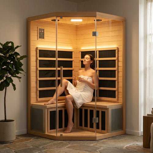 Featured outcome: 2-Person Corner Far Infrared Sauna Room - Hemlock Wood, Deluxe Transparent Glass Front, Large Capacity Home Sauna